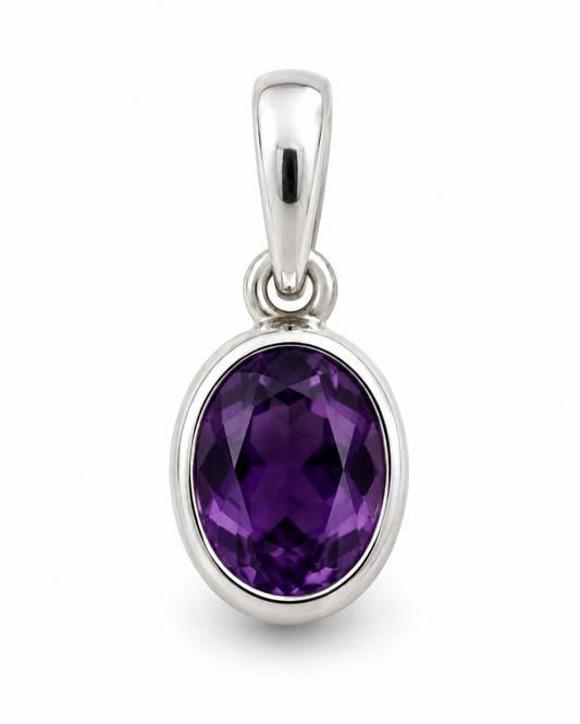 Sterling Silver 925 Oval Bezel Set Natural Amethyst Pendant Charm