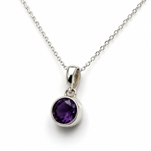 Sterling Silver 925 Round Amethyst Pendant & 65cm Chain Necklace
