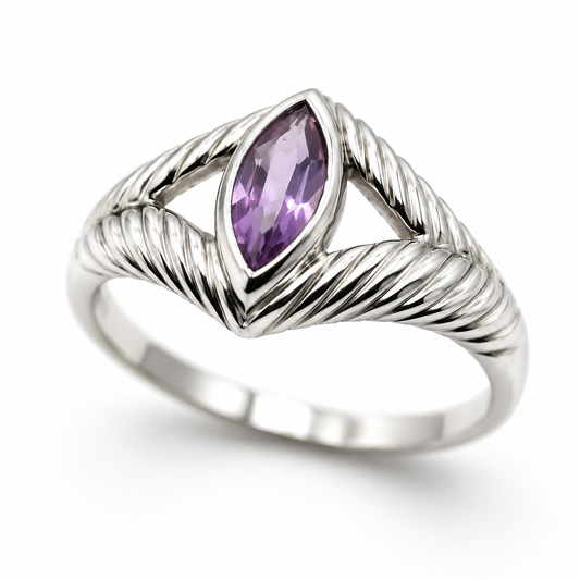 Size S Sterling Silver 925 Marquise Cut Amethyst Dress Ring