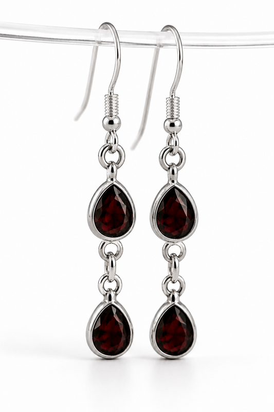 Sterling Silver 925 Garnet Drop Hook Earrings