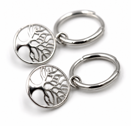 Sterling Silver 925 Drop Huggies with Tree of Life Earrings