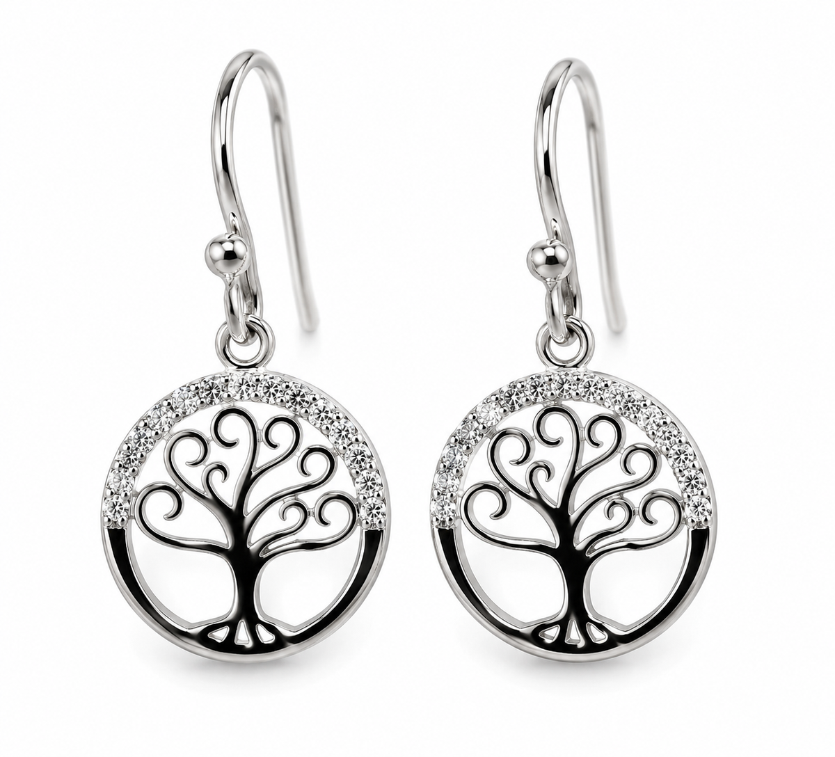 Sterling Silver 925 CZ Tree of Life Hook Drop Earrings 13mm