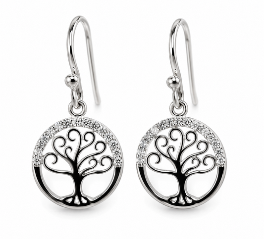 Sterling Silver 925 CZ Tree of Life Hook Drop Earrings 13mm