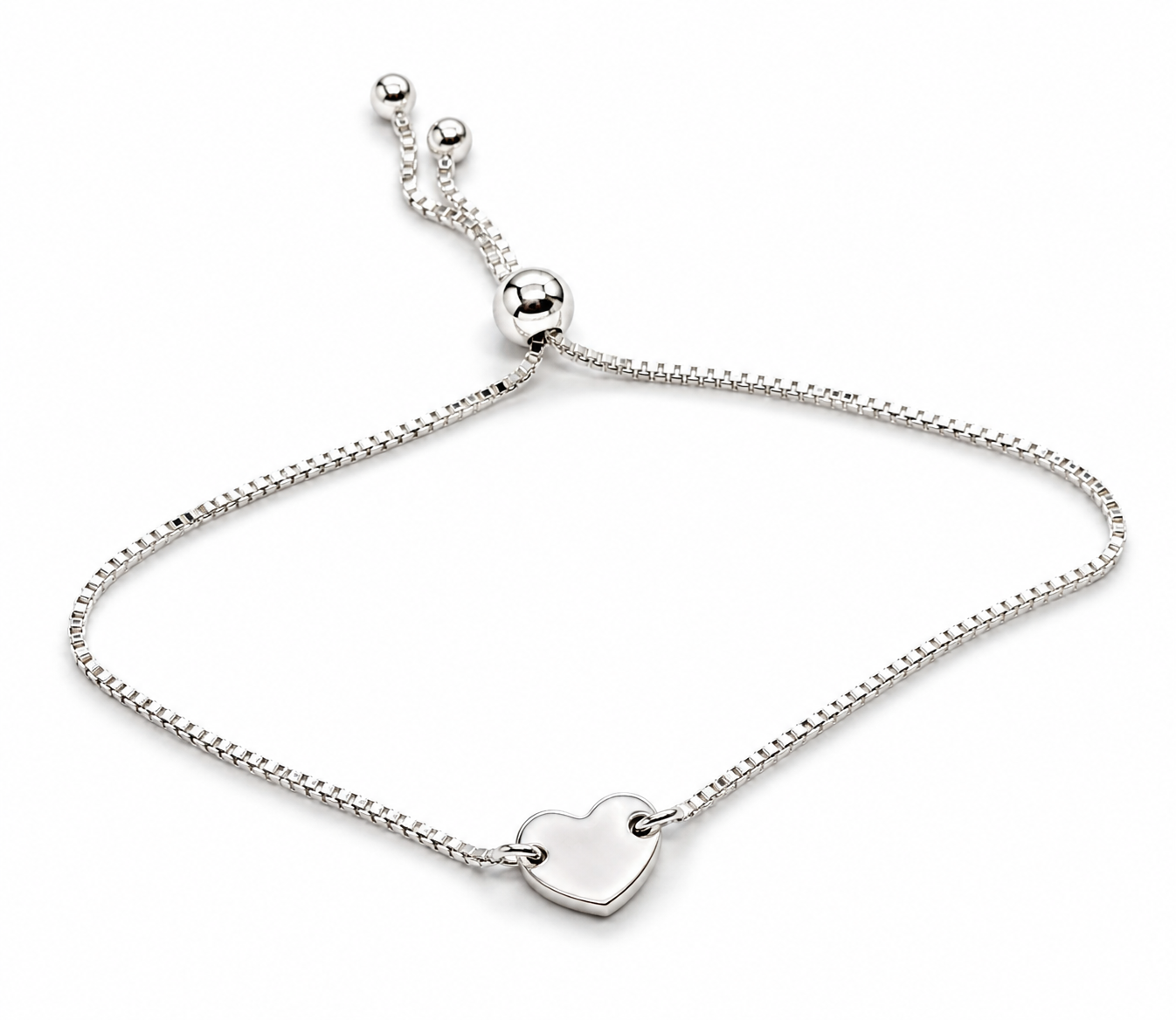 Sterling Silver 925 Bracelet with Heart Plaque, Adjustable Box Link