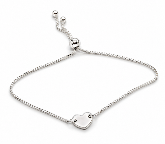 Sterling Silver 925 Bracelet with Heart Plaque, Adjustable Box Link