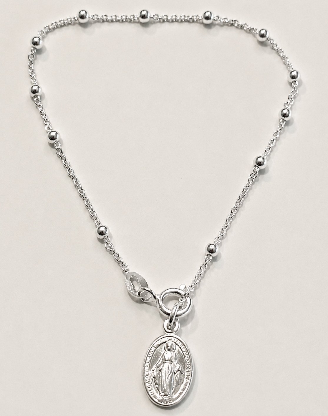 Sterling Silver 925 Beaded Cable Chain Bracelet + Miraculous Medal