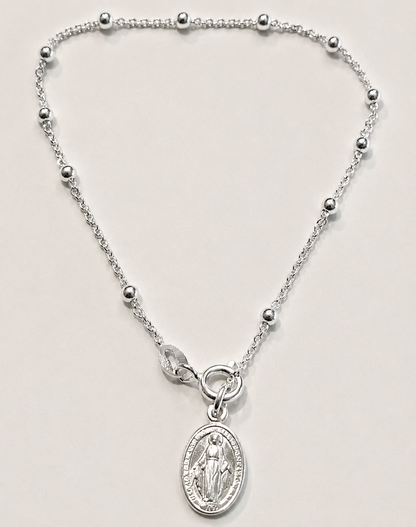 Sterling Silver 925 Beaded Cable Chain Bracelet + Miraculous Medal