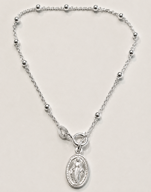 Sterling Silver 925 Beaded Cable Chain Bracelet + Miraculous Medal