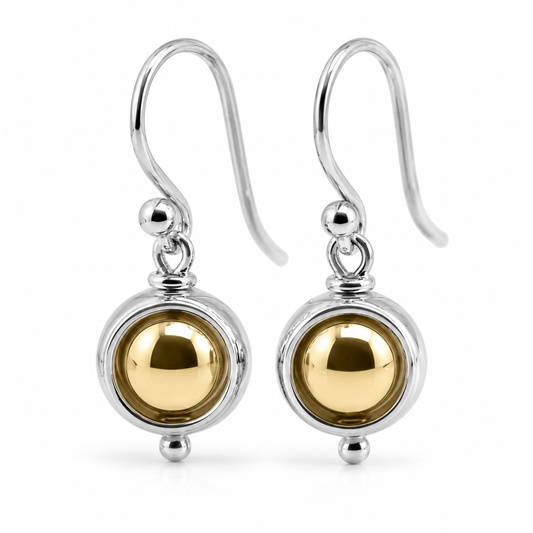 Genuine 9ct 9kt 375 White & Yellow Gold Spinning Belcher Ball Drop Earrings
