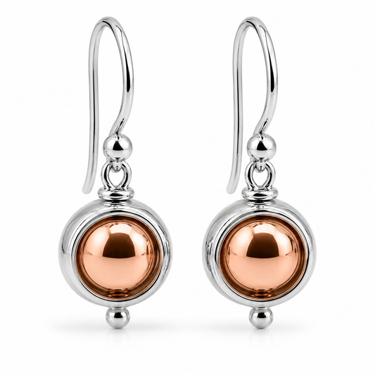 Genuine 9ct 9kt 375 White & Rose Gold Spinning Belcher Ball Drop Earrings