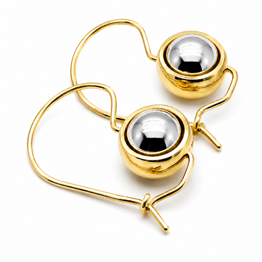Genuine 9ct 9kt 375 White & Yellow Gold Spinning Belcher Ball Drop Earrings