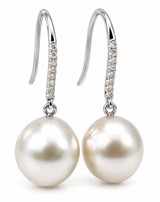 Genuine 18ct 18k 750 White Gold 10mm South Sea Pearl Hook Diamond Earrings