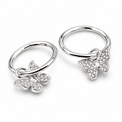 Sterling Silver 925 Sleepers Hinged Hoops Earrings + Butterfly Charms