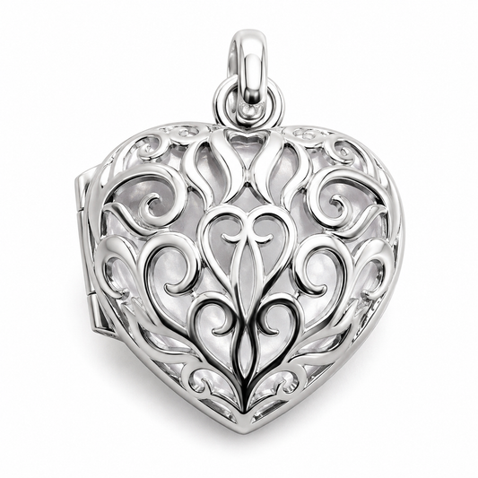 Genuine Sterling Silver 925 Heavy Filigree Heart Locket Pendant