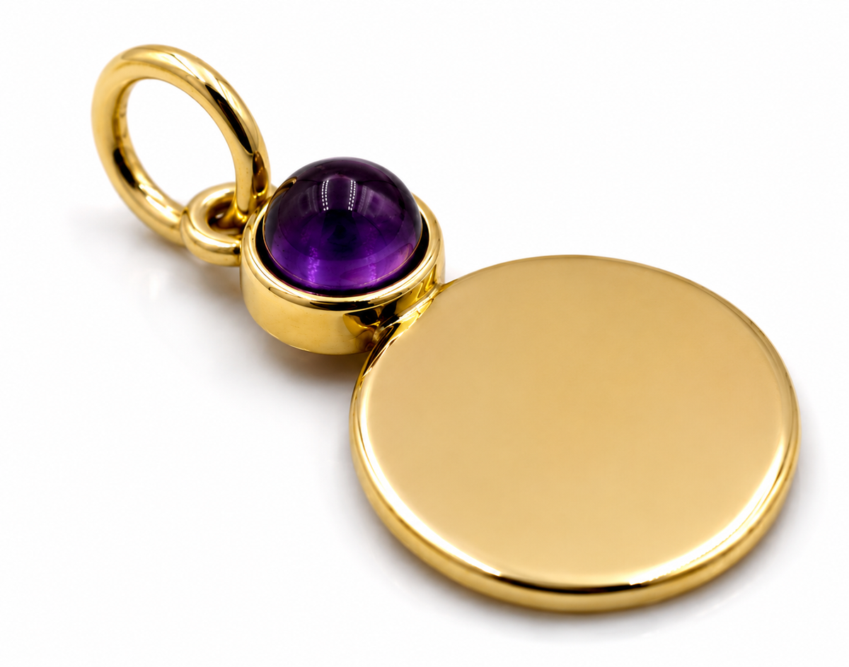 Genuine 9ct 9K 375 Yellow, Rose or White Gold 11mm Cabochon Amethyst Disc Round Circle Pendant