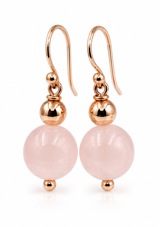 Genuine 9ct 9K 375 Rose Gold 6mm Rose Gold Ball & Rose Quartz Earrings
