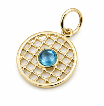 Genuine 9ct 9K 375 Yellow, Rose or White Gold 13.5mm Cabochon Topaz Filigree disc round circle pendant