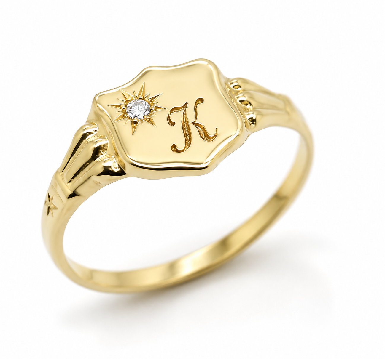 Genuine 9ct 9k 375 Yellow, Rose or White Gold Cubic Zirconia Shield Signet Ring - Engraving of one initial - Choose your ring size