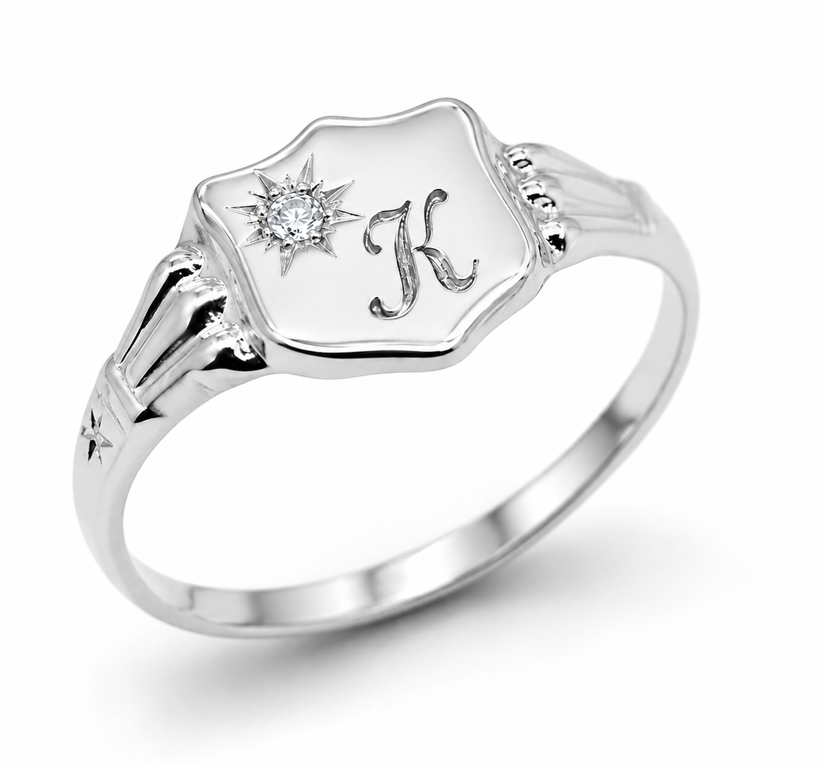 Genuine 9ct 9k 375 Yellow, Rose or White Gold Cubic Zirconia Shield Signet Ring - Engraving of one initial - Choose your ring size