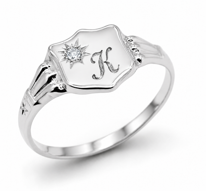 Genuine 9ct 9k 375 Yellow, Rose or White Gold Cubic Zirconia Shield Signet Ring - Engraving of one initial - Choose your ring size