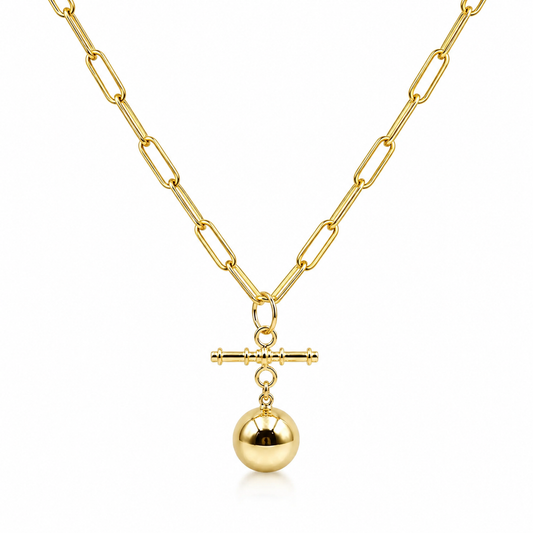 Genuine 9ct 9k 375 Yellow, Rose or White Gold Paperclip Necklace Chain 50cm + T-Bar + 14mm Ball