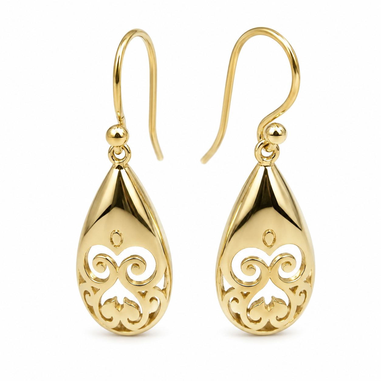 Genuine 9ct 9k 375 Yellow, Rose or White Gold Earrings Filigree Scroll Flower Teardrop Hook Earrings