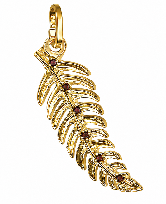 Genuine 9ct 9K 375 Yellow Gold Solid New Zealand Fern Leaf Charm  Pendant Set with 6 Garnets
