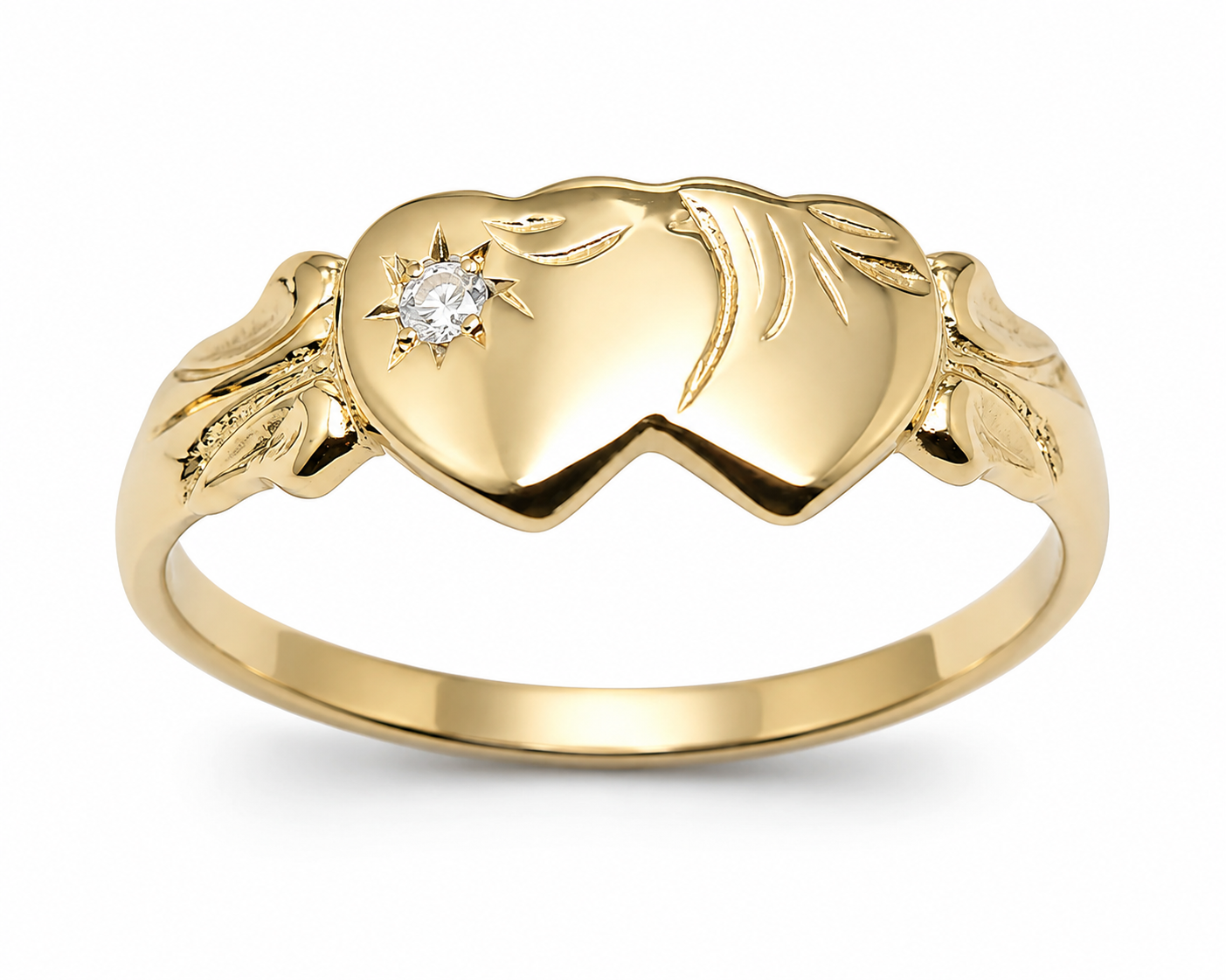 Genuine 9ct 9k Yellow Gold Double Heart Lab Grown Diamond Signet Ring (choose your ring size F to 0)
