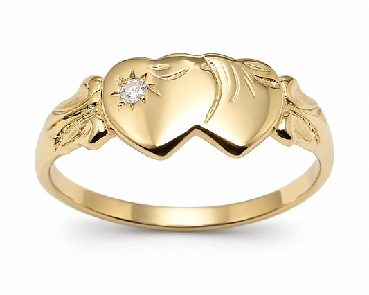 Genuine 9ct 9k Yellow Gold Double Heart Lab Grown Diamond Signet Ring (choose your ring size F to 0)