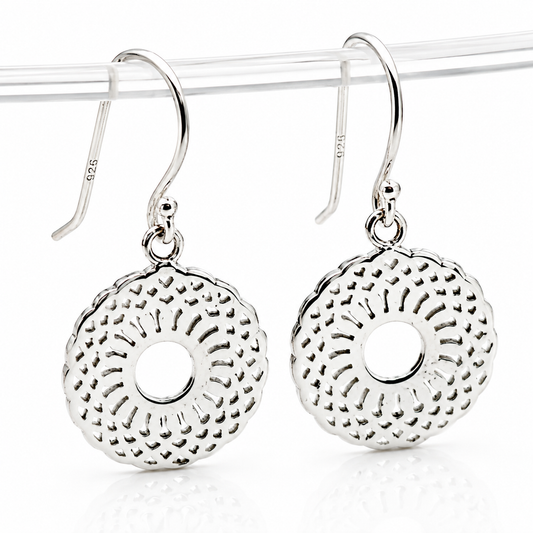 Genuine Sterling Silver 925 Patterned Circular Filigree Earrings - Last pair