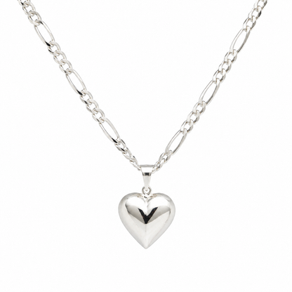 Sterling Silver 925 60cm Figaro Link Chain Necklace + 18mm Bubble Heart Pendant