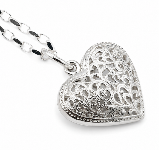 Sterling Silver 925 60cm Belcher Necklace & Filigree Heart Pendant