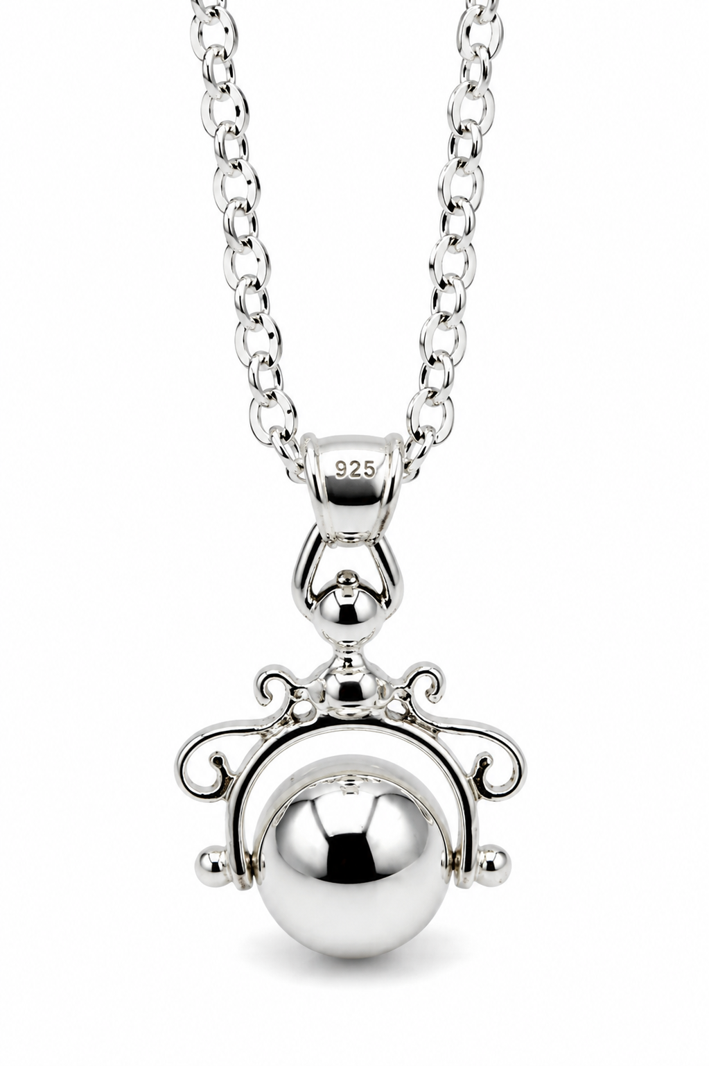 Kaedesign, Sterling Silver Chain Belcher 70cm Necklace & Ball Spinner Pendant