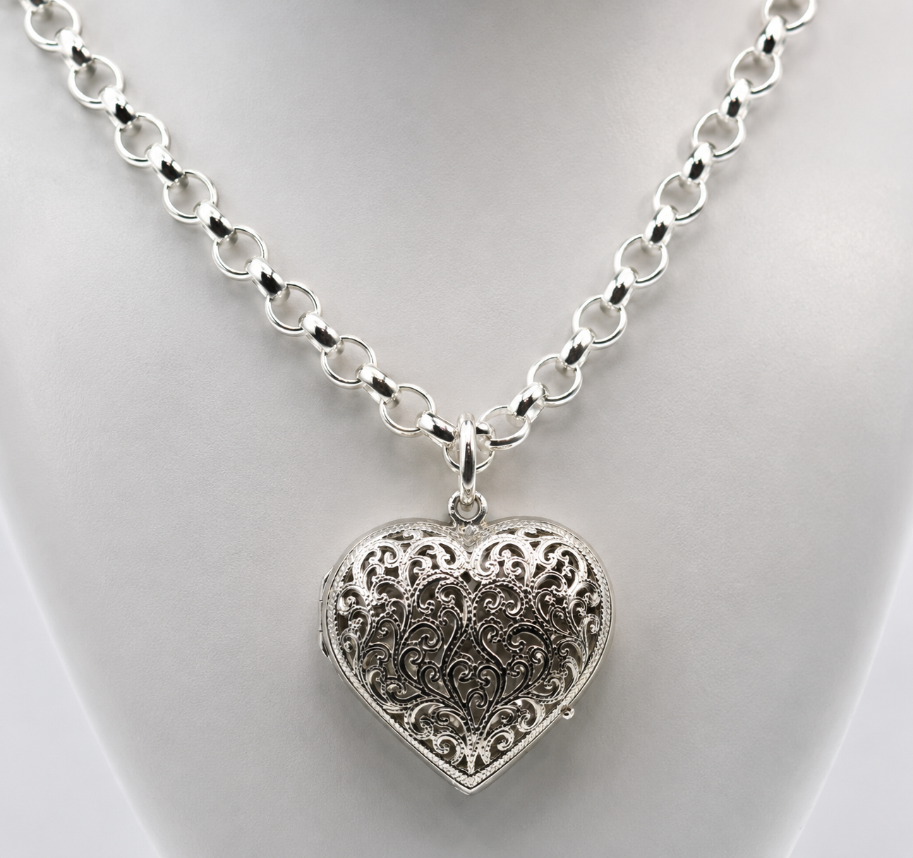 Sterling Silver 925 60cm Belcher Necklace & Filigree Heart Pendant Locket