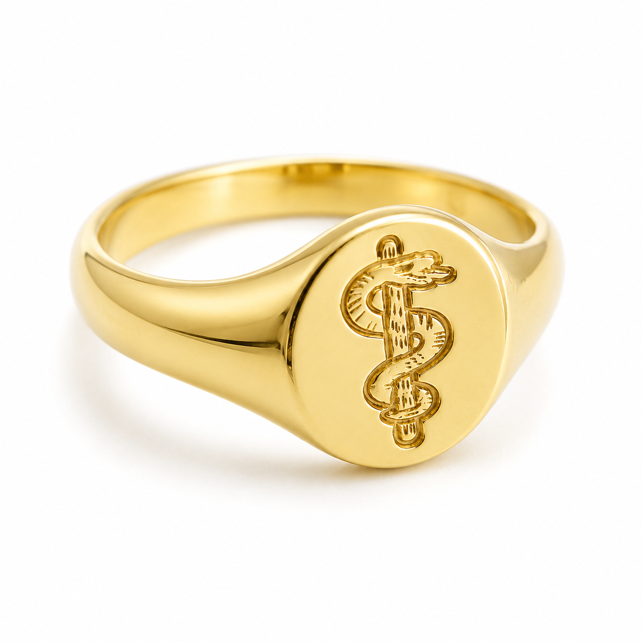 Genuine 9ct 9K 375 Yellow Gold Oval Signet Ring Engraved Rod of Asclepius - Choose your size