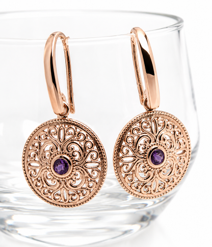 Kaedesigns 9ct 9k 375 Yellow, Rose or White Gold Amethyst Filigree Earrings