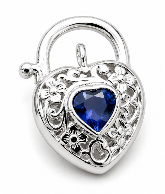 Sterling Silver 925 Filigree Sapphire Cubic Zirconia Heart Padlock Pendant 15mm