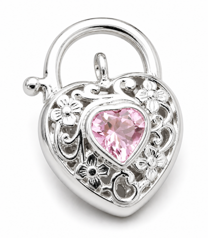 Sterling Silver 925 Filigree Pink CZ Heart Padlock 15mm Pendant