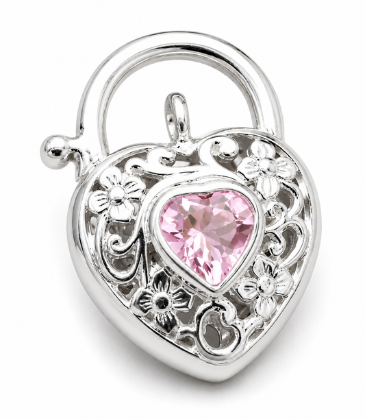 Sterling Silver 925 Filigree Pink CZ Heart Padlock 15mm Pendant