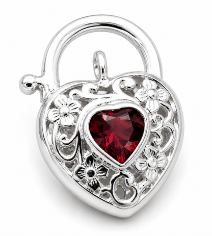 Genuine Sterling Silver 925 Filigree Natural Garnet Heart Padlock Pendant 15mm