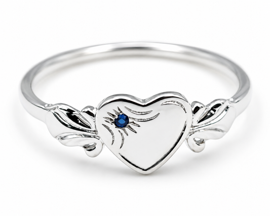 Sterling Silver 925 September Birthstone Heart Signet Ring +  Blue Spinel/Sapphire CZ
