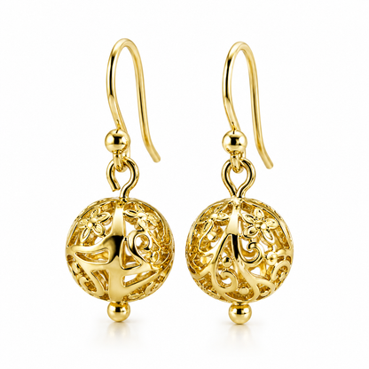 Kaedesigns Genuine 9ct Yellow, Rose or White Gold 10mm Euro Ball Drop Filigree Earrings