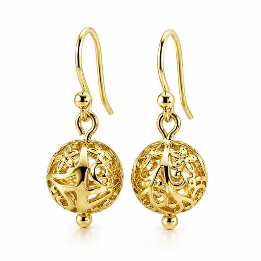 Kaedesigns Genuine 9ct Yellow, Rose or White Gold 10mm Euro Ball Drop Filigree Earrings