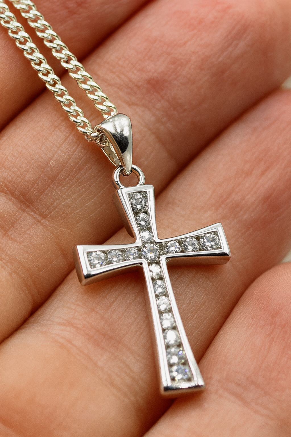 Cubic Zirconia 925 Sterling Silver Cross Pendant + Chain