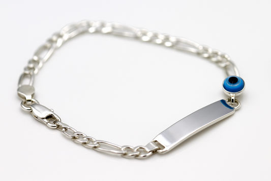 Genuine 925 Sterling Silver Mati Eye ID Engraveable Figaro Bracelet 17cm