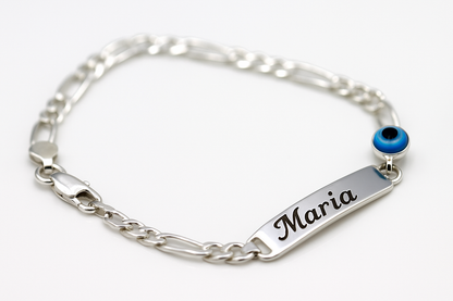 Genuine 925 Sterling Silver Mati Eye ID Engraveable Figaro Bracelet 17cm