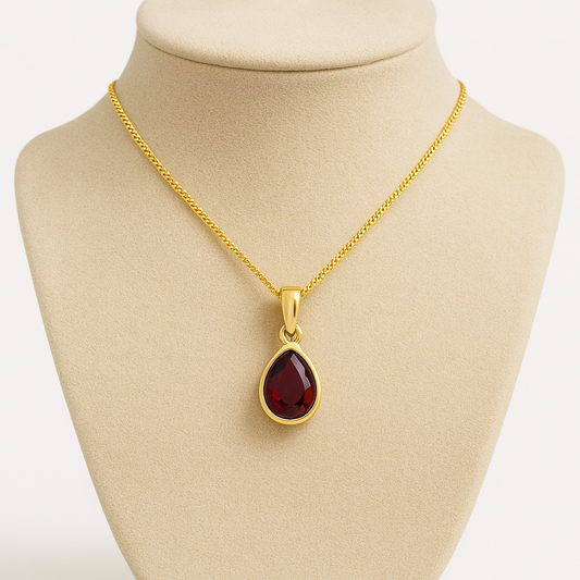 Genuine 9ct 375 Yellow Gold Natural Red Garnet Teardrop Pendant + Silver GP Chain