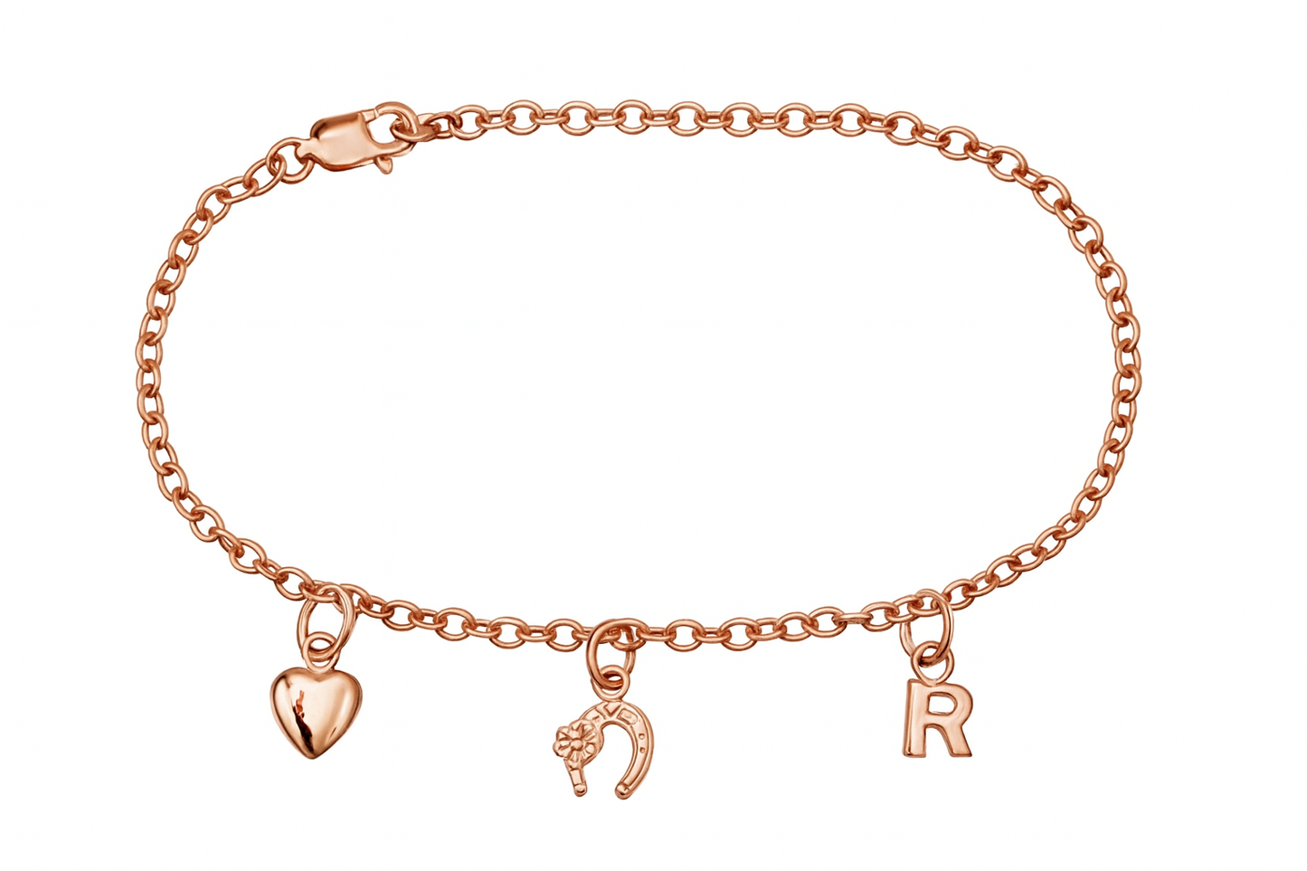 Genuine 9ct Solid Yellow or Rose Gold 28cm Belcher Anklet + Heart, Initial and Horse shoe Charms.