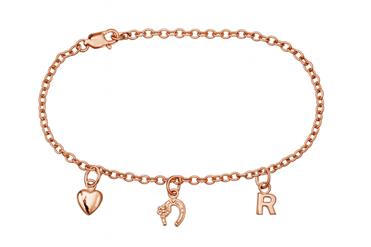 Genuine 9ct Solid Yellow or Rose Gold 28cm Belcher Anklet + Heart, Initial and Horse shoe Charms.