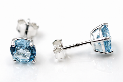Genuine Sterling Silver 925 7mm Natural Blue Topaz Bezel Stud Earrings